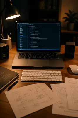 Late Evening Coding Workspace on Wooden Desk