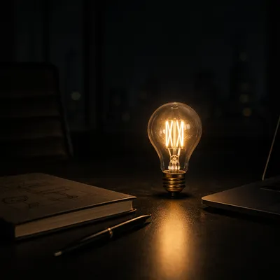 Glowing Lightbulb on Dark Office Table