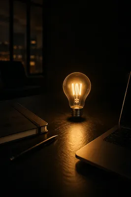 Glowing Lightbulb on Dark Office Table