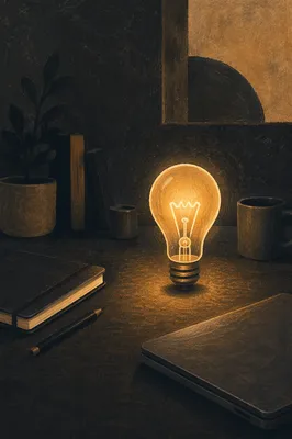 Glowing Lightbulb in Dark Business Workspace