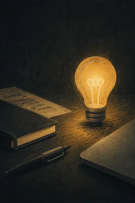 Glowing Lightbulb on Dark Office Desk