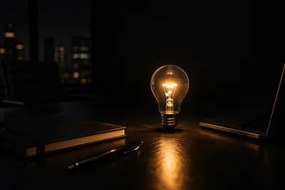 Glowing Lightbulb on Dark Office Table