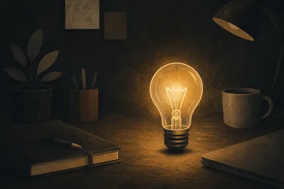 Glowing Lightbulb Idea on Dark Desk