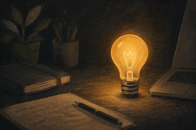 Glowing Lightbulb Idea on Dark Desk
