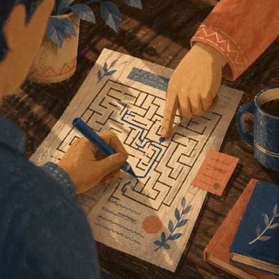 Teamwork Solving Maze Puzzle on Desk