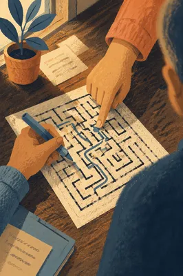 Team Solving Maze Puzzle on Desk