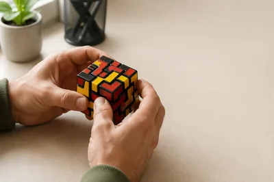Hands Solving Maze Puzzle on Office Desk