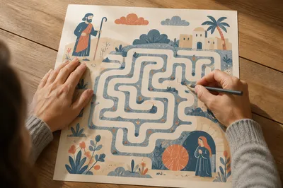Solving Maze Puzzle on Wooden Desk