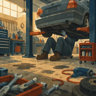 Mechanic Working Under Car in Repair Shop