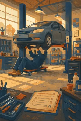 Mechanic Working Beneath Lifted Car