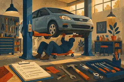 Mechanic Working Beneath Lifted Car