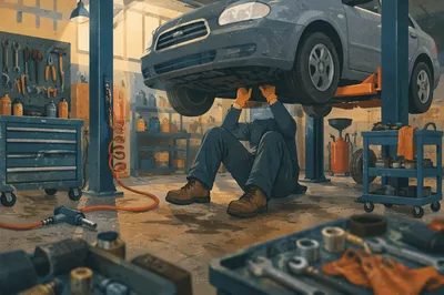 Trusted Mechanic Working Under Raised Sedan