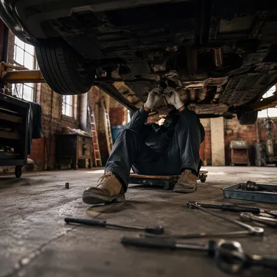 Mechanic Working Beneath Car in Repair Shop