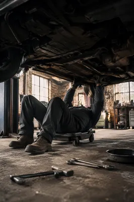 Mechanic Working Beneath Car in Repair Shop