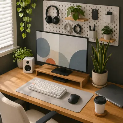 Minimalist Home Office Desk With Plants and Coffee