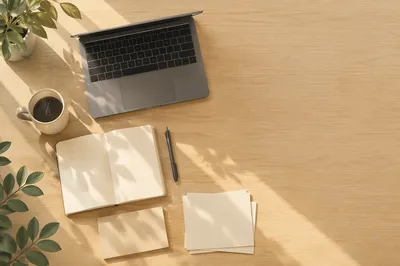 Minimalist Desk Setup with Plant and Coffee