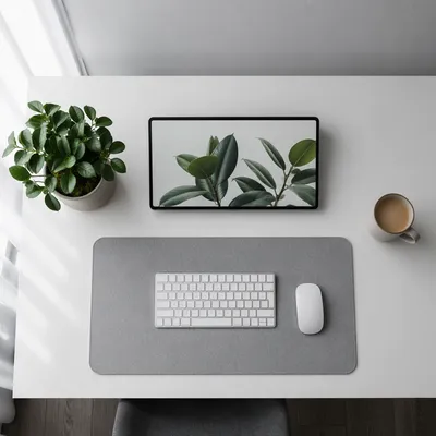 Minimalist Overhead Desk With Plant and Coffee