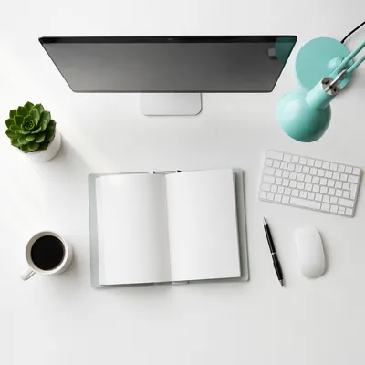 Minimalist Overhead Business Desk with Coffee