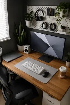 Minimalist Home Office Desk with Plants and Coffee