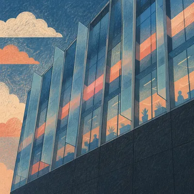 Modern Glass Office Facade at Dusk