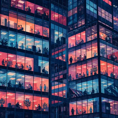 Modern Glass Office Facade at Night