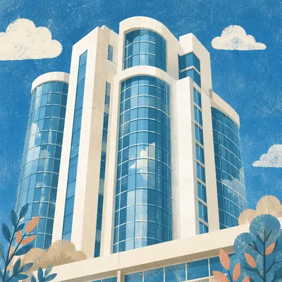 Modern Glass Office Tower Under Blue Sky