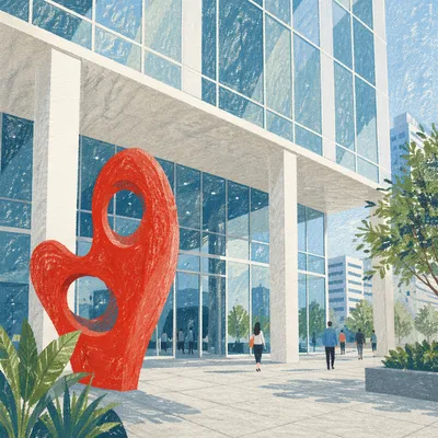 Modern Glass Office Building With Red Sculpture