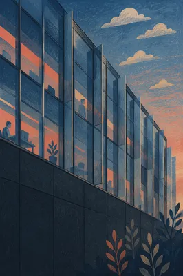 Modern Glass Office Facade at Dusk