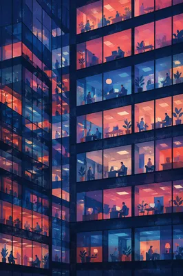 Modern Glass Office Facade at Night