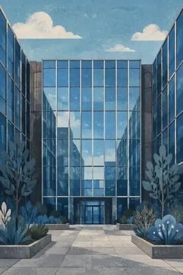 Symmetrical Modern Glass Office Facade