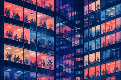 Modern Glass Office Facade at Night