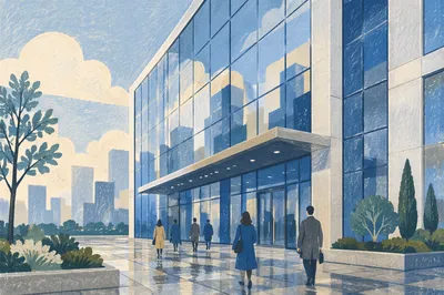 Modern Glass Office Building at Morning