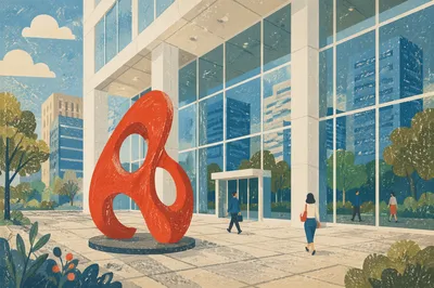 Modern Glass Office Facade with Red Sculpture
