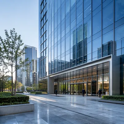 Modern Glass Office Building at Sunrise