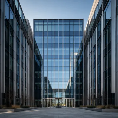 Symmetrical Modern Glass Office Building Exterior