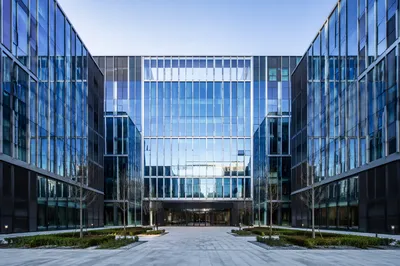 Modern Glass Office Building Exterior Symmetry