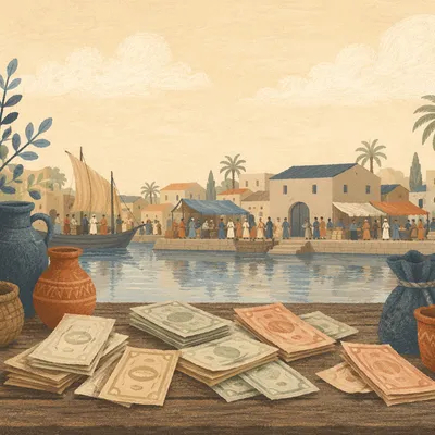 Currency Stacks on Historic Waterfront Market Table