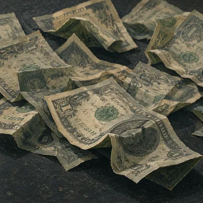 Crumpled Dollar Bills on Dark Tabletop