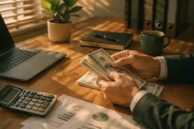 Counting Cash on Modern Office Desk
