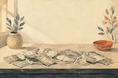 Scattered Cash on Cream Tabletop Background