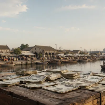 Dollar Bills on Historic Waterfront Market Table