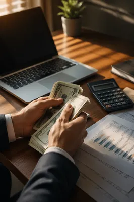 Counting Cash on Modern Business Desk