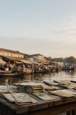 Currency Stacks on Historic Waterfront Market Table