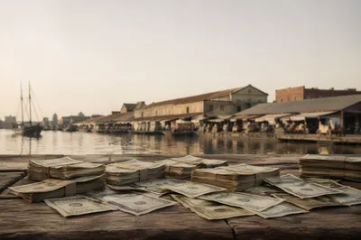 Currency Stacks on Historic Waterfront Market Table