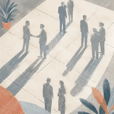 Professional Networking Event Shadows Over Stone Floor