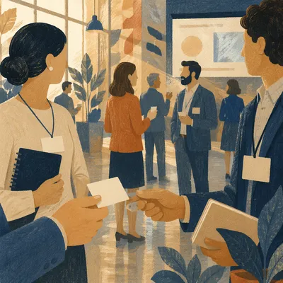 Professional Networking in Warm Conference Atrium
