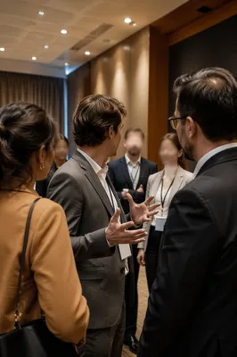 Professional Networking Conversation in Modern Conference Room