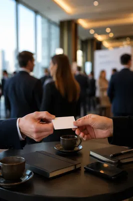 Professional Networking Card Exchange in Conference Lounge