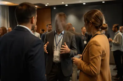 Professional Networking Conversation in Modern Conference Room