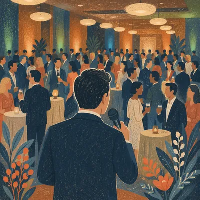 Business Networking Presenter Over Blurred Crowd